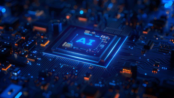 Futuristic AI chip glowing in blue on semiconductor circuit board