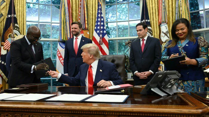 Donald Trump, centre, in the Oval Office of the White House in Washington on June 27 2025