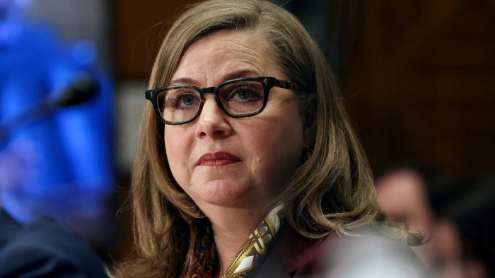 Michelle Bowman is seen testifying before a Senate committee
