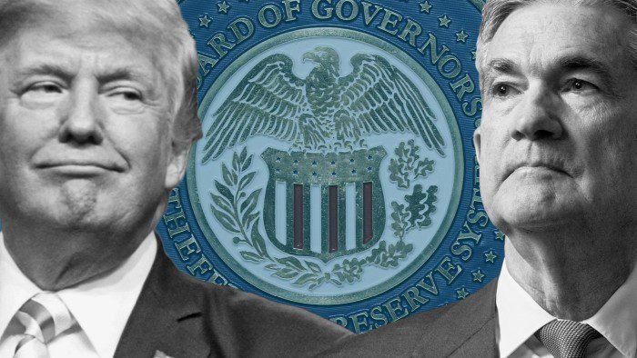 A montage of Donald Trump, the seal of the Federal Reserve Board of Governors and Jay Powell