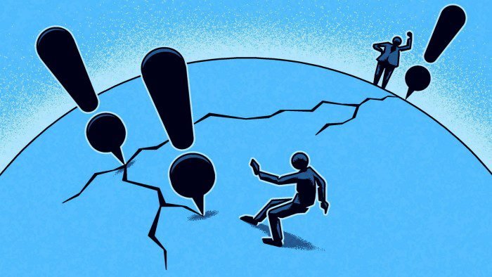 Illustration of two figures examining three exclamation marks that are pinned at a large crack on the globe