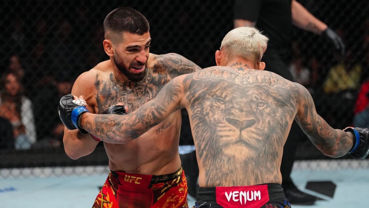 Ilia Topuria KO's Charles Oliveira for vacant title at UFC 317