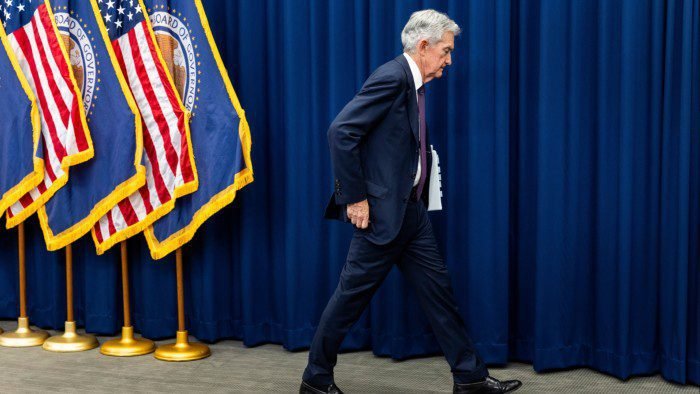 Jay Powell departs after speaking to reporters following the Federal Reserve’s decision to leave interest rates unchanged at the Federal Reserve in Washington on June 18 2025