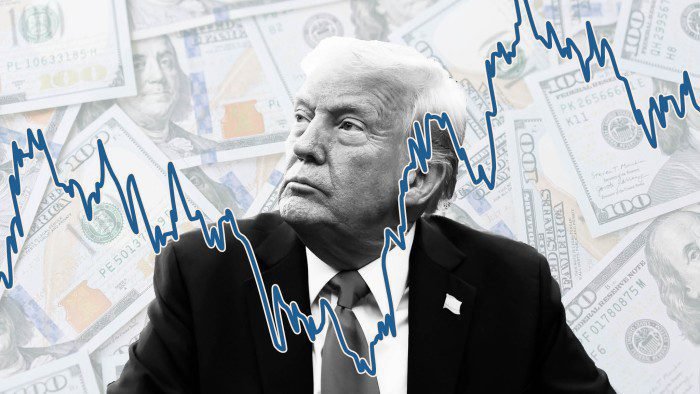 A montage of Donald Trump with a chart line in the foreground and dollar bills in the background