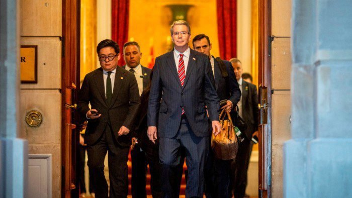 Scott Bessent, US Treasury secretary, centre, departs Lancaster House amid the second day of trade talks between the US and China, in London, UK on June 10 2025